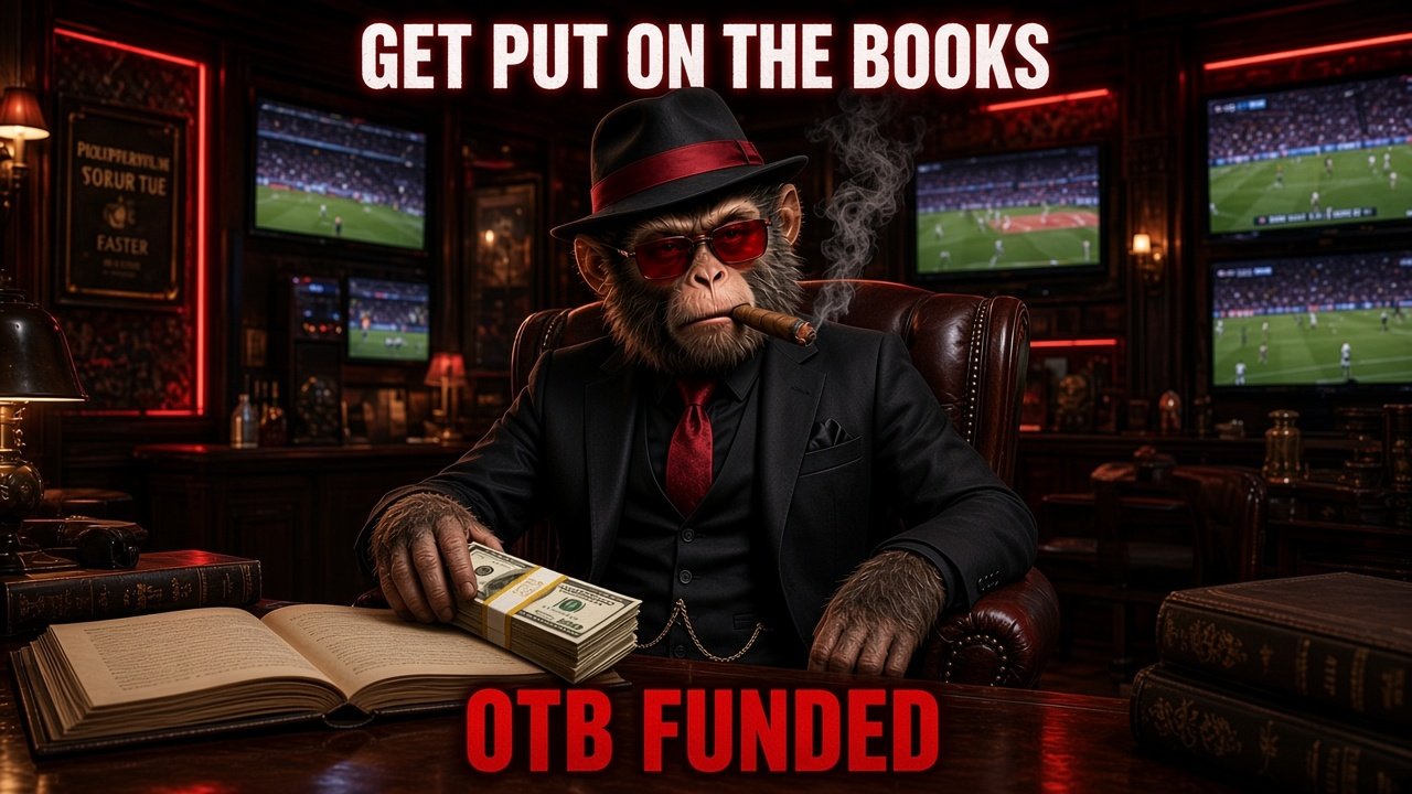 The OTB Funded mascot at a desk in a speakeasy full of game screens, a stack of cash beside an open ledger. Text reads: Get put on the books, OTB Funded.